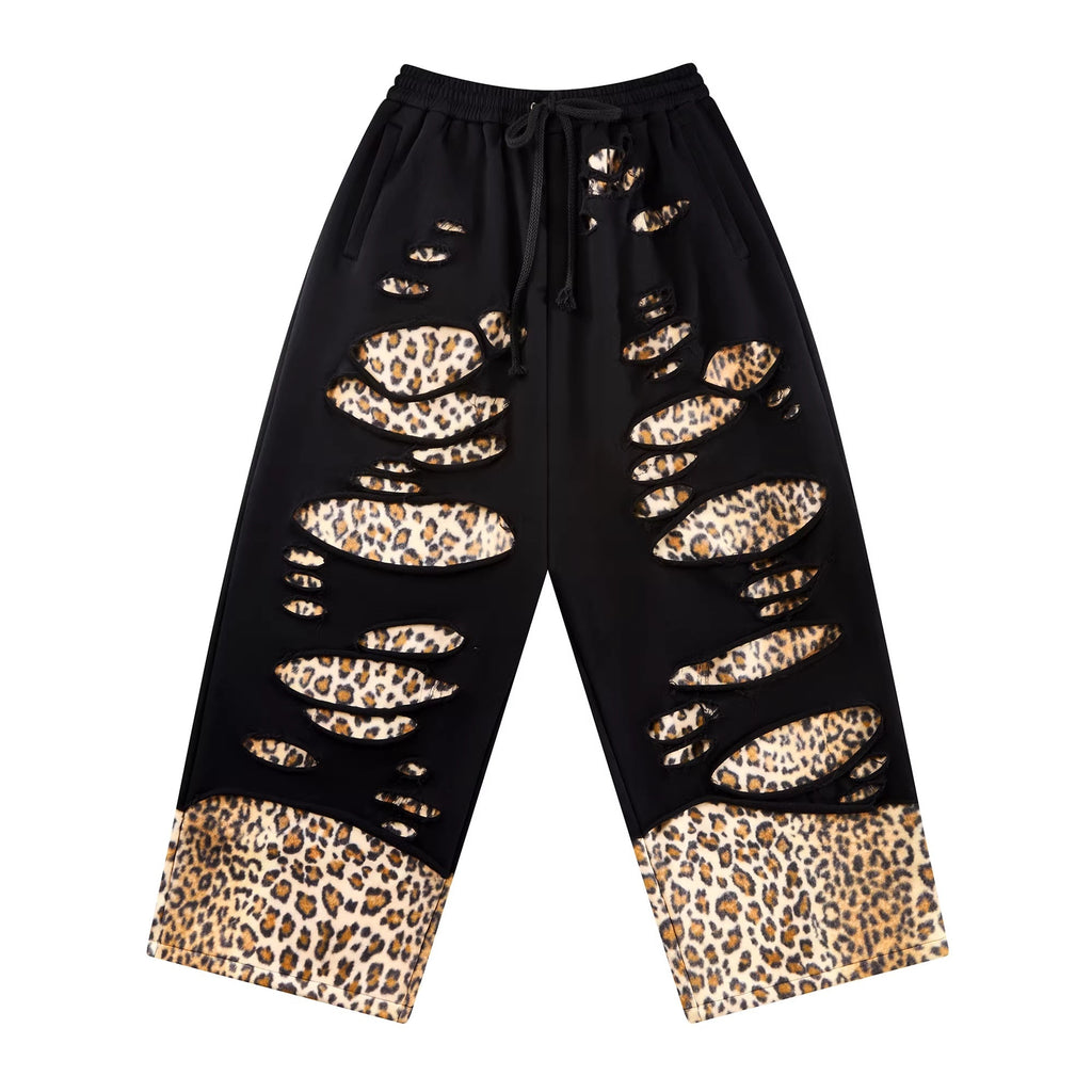 Asymmetrical Leopard Street Loose Straight Leg Women Cotton Blend Pants