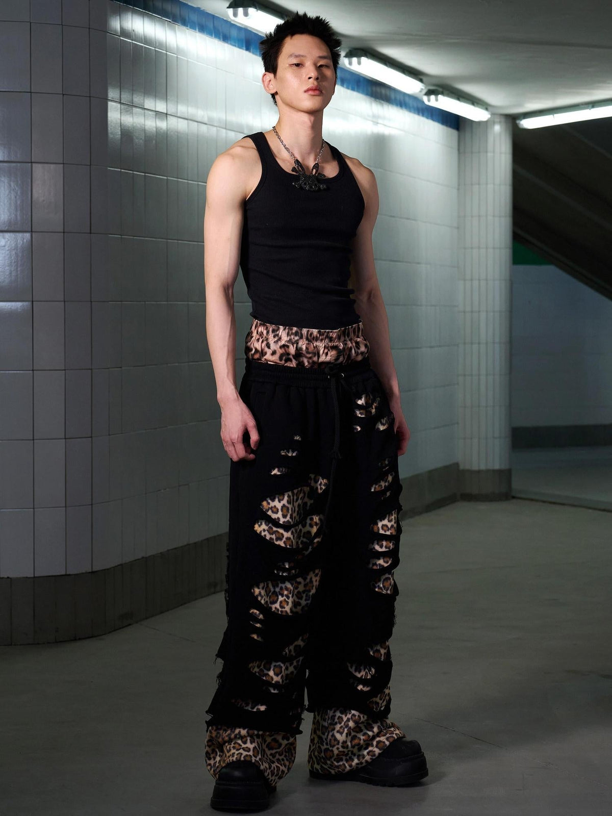 Asymmetrical Leopard Street Loose Straight Leg Women Cotton Blend Pants