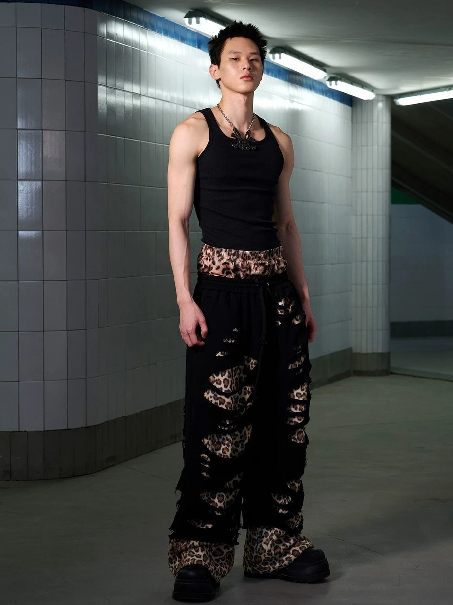 Asymmetrical Leopard Street Loose Straight Leg Women Cotton Blend Pants
