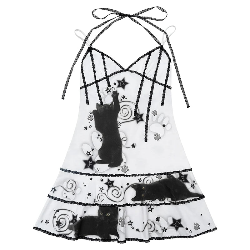 Black Cat Print Strappy Slip Dress V Neck