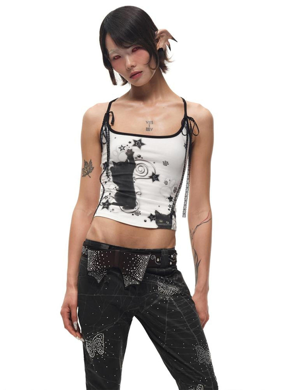 Black Cat Print Strappy Tank Top
