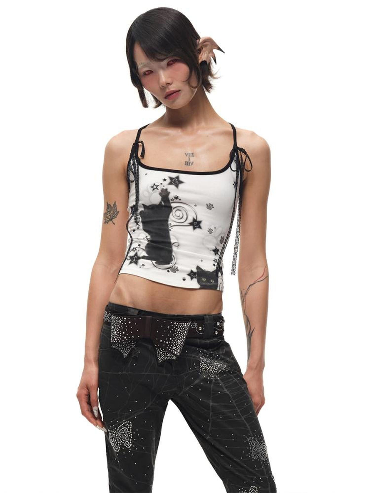 Black Cat Print Strappy Tank Top
