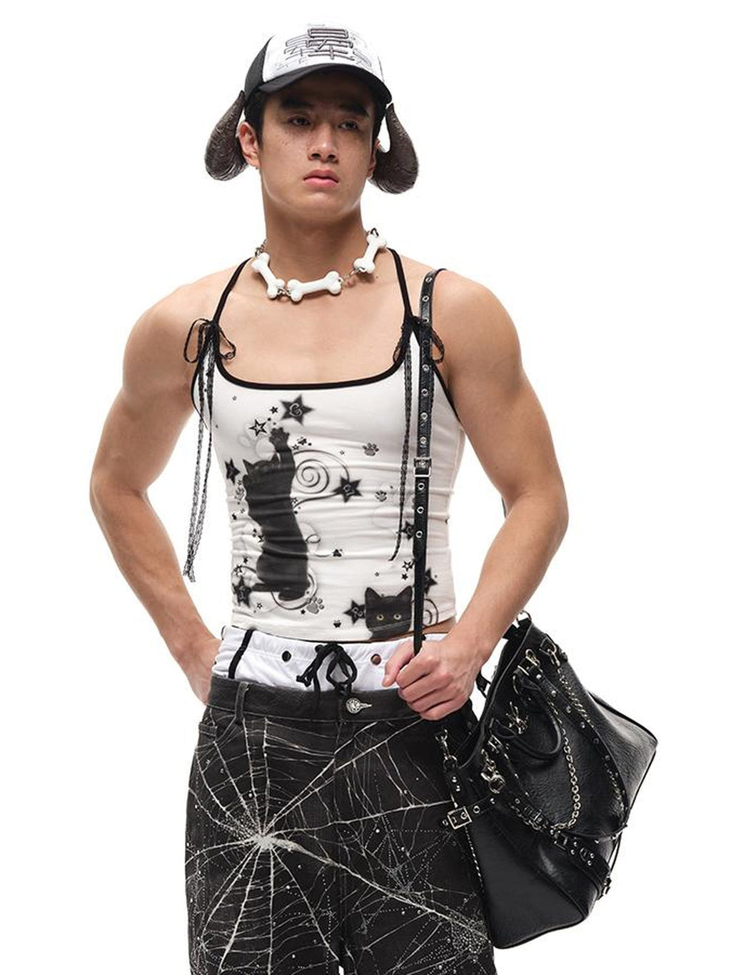 Black Cat Print Strappy Tank Top