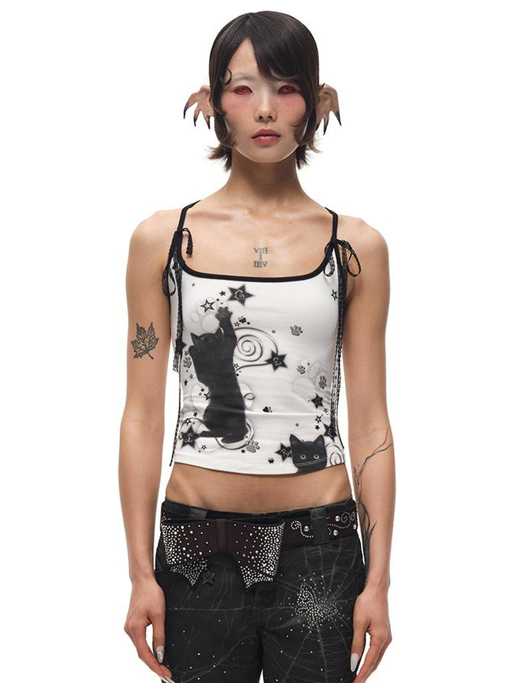 Black Cat Print Strappy Tank Top