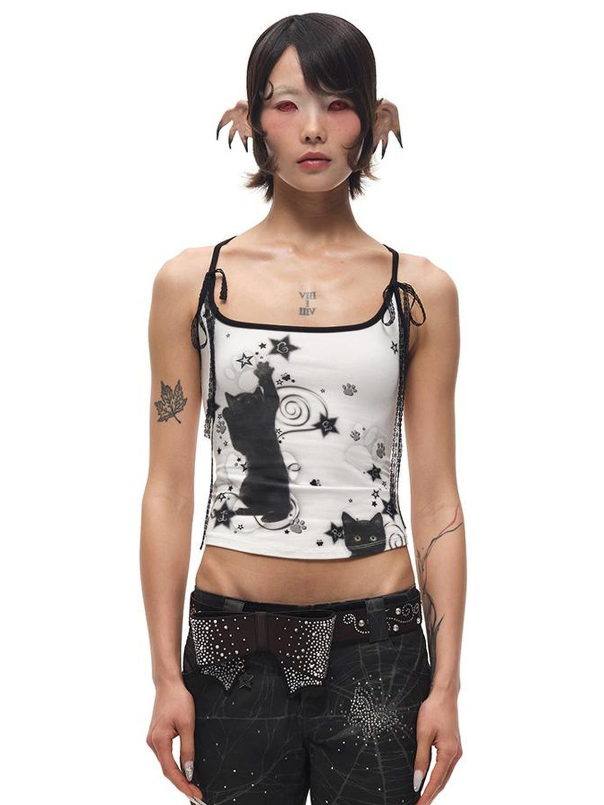 Black Cat Print Strappy Tank Top