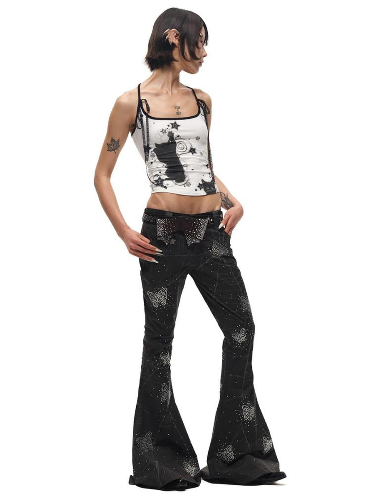 Black Cat Print Strappy Tank Top