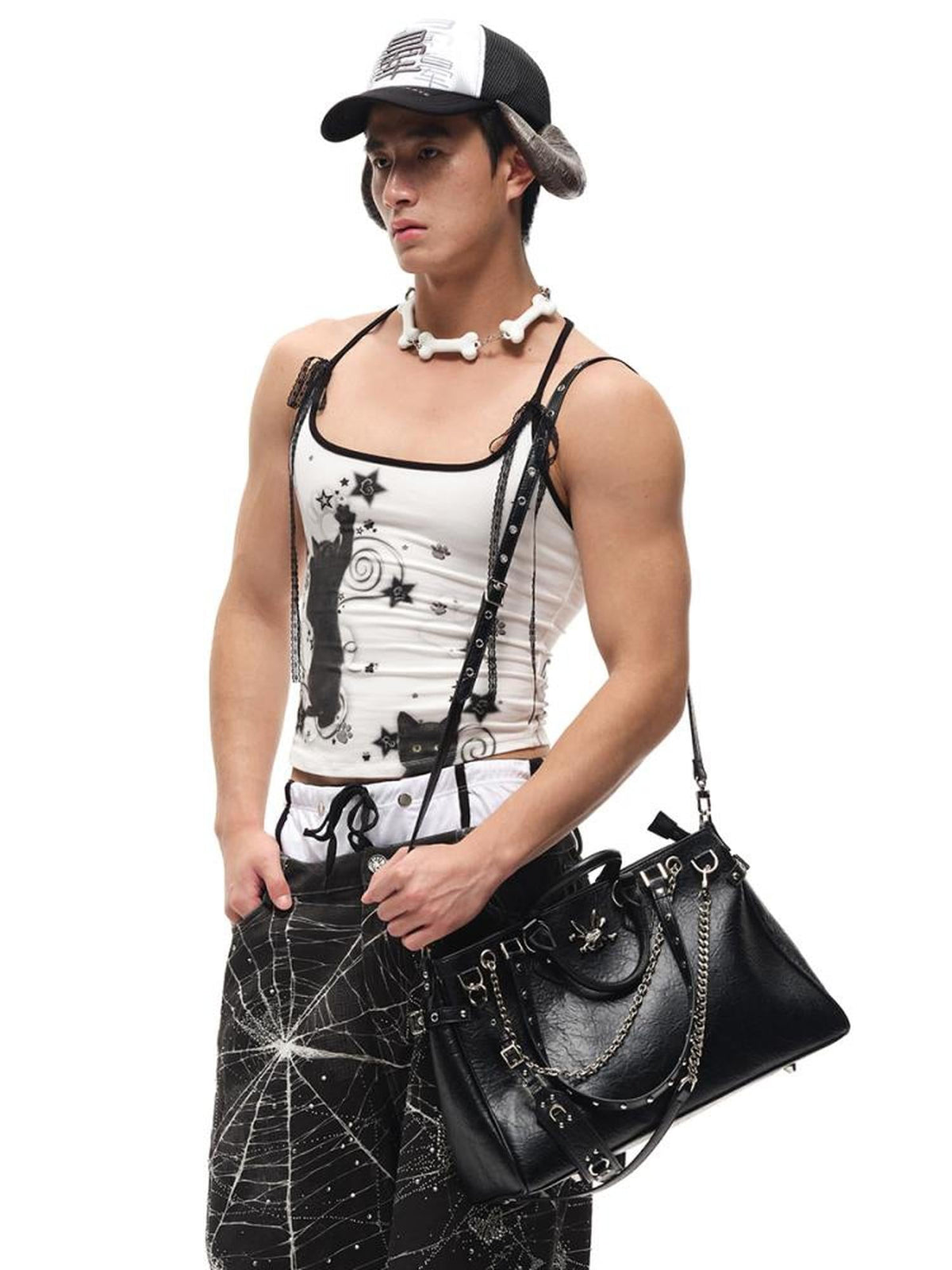 Black Cat Print Strappy Tank Top