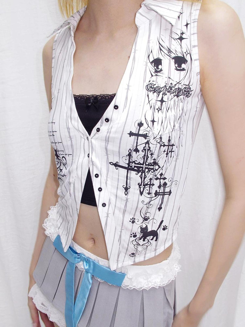 C Fierce Thorn Stripe Angel Graphic Print Shirt Vest