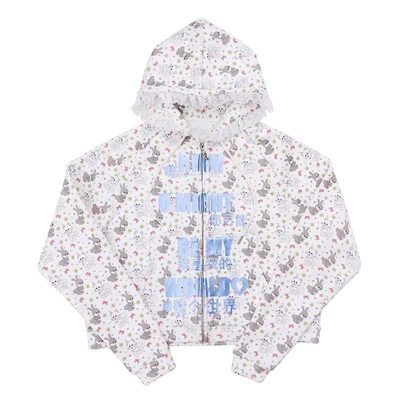 Cotton Blend Cartoon Anime Zip Up Loose Street Style Hooded Casual Hoodies