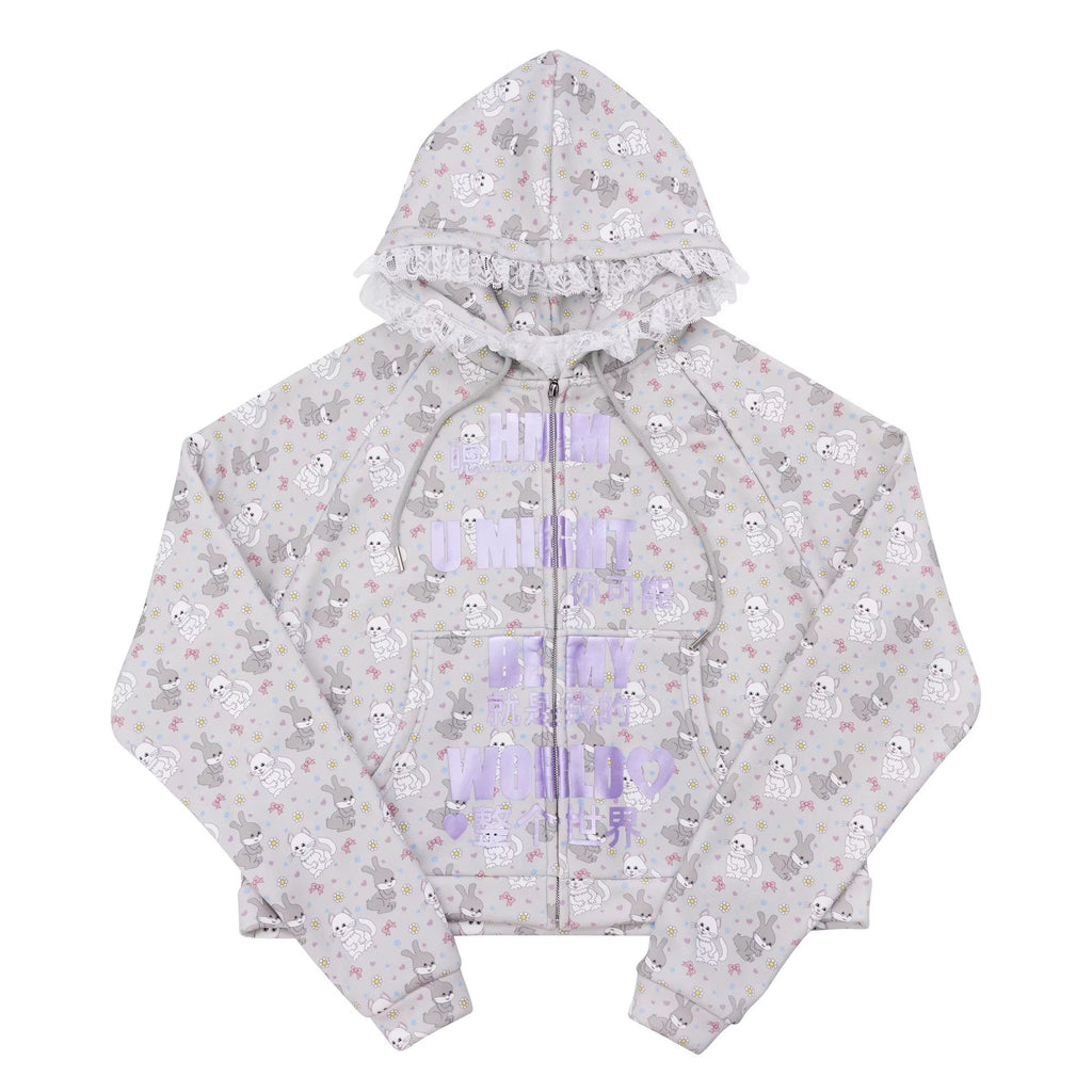 Cotton Blend Cartoon Anime Zip Up Loose Street Style Hooded Casual Hoodies