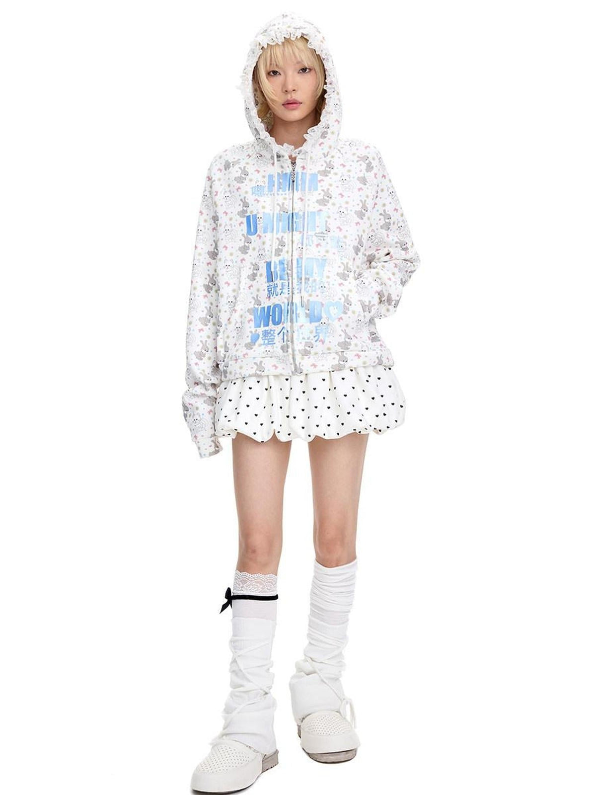 Cotton Blend Cartoon Anime Zip Up Loose Street Style Hooded Casual Hoodies
