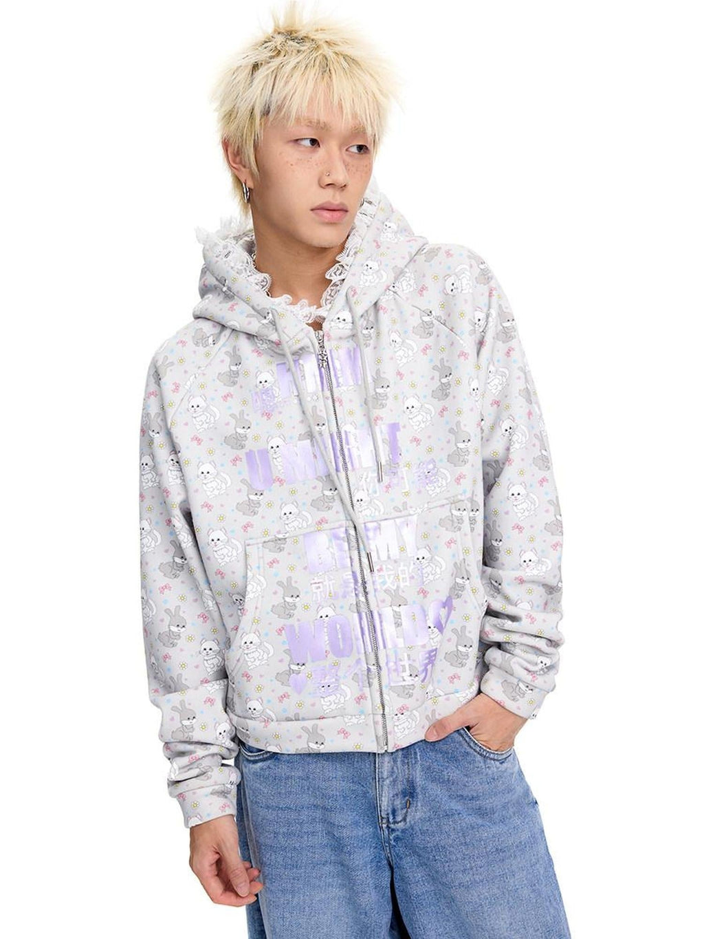 Cotton Blend Cartoon Anime Zip Up Loose Street Style Hooded Casual Hoodies