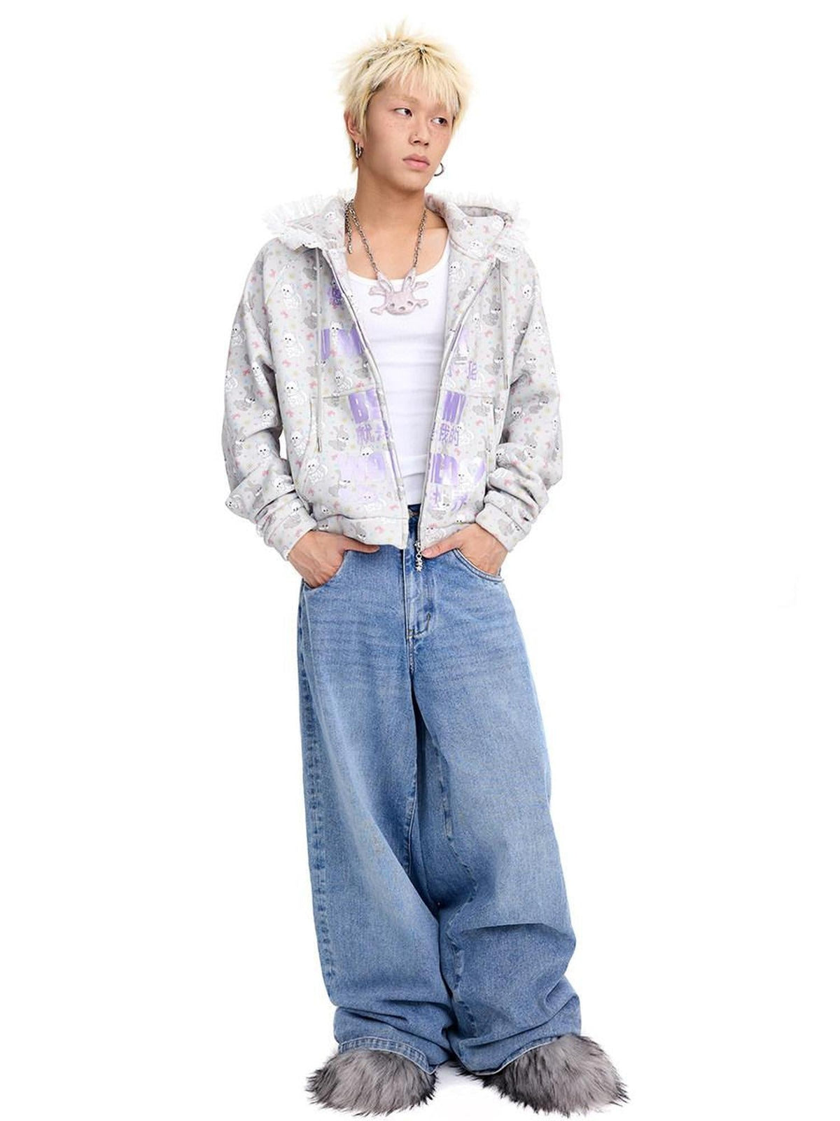 Cotton Blend Cartoon Anime Zip Up Loose Street Style Hooded Casual Hoodies
