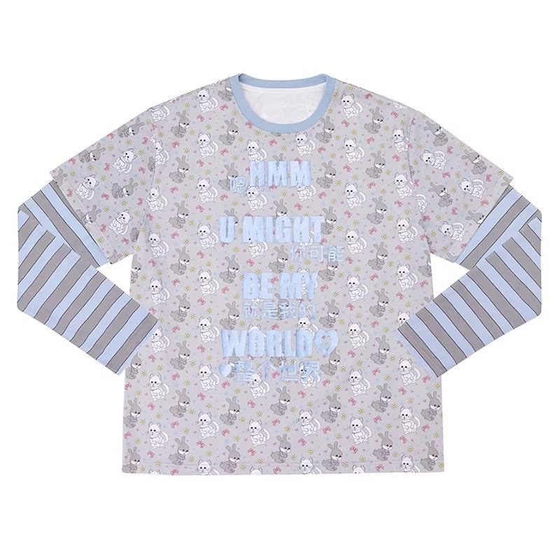 Cotton Rich Loose Fit Crew Neck Long Sleeve Unisex Letter Print T-Shirt