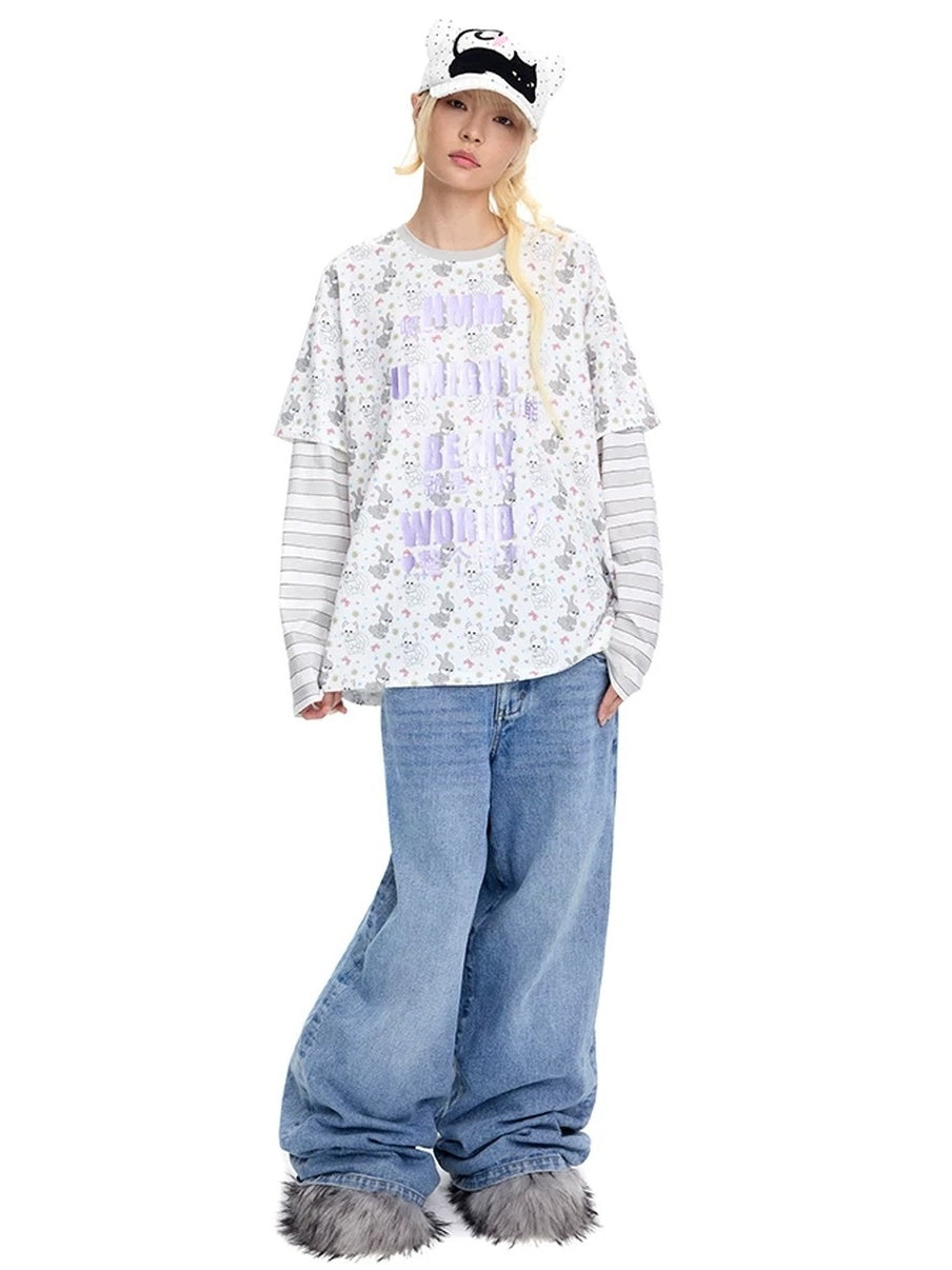 Cotton Rich Loose Fit Crew Neck Long Sleeve Unisex Letter Print T-Shirt