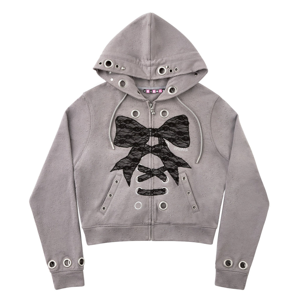 Cropped Lace Bow Stud Distressed Women'S 100 Percent Cotton Hoodies