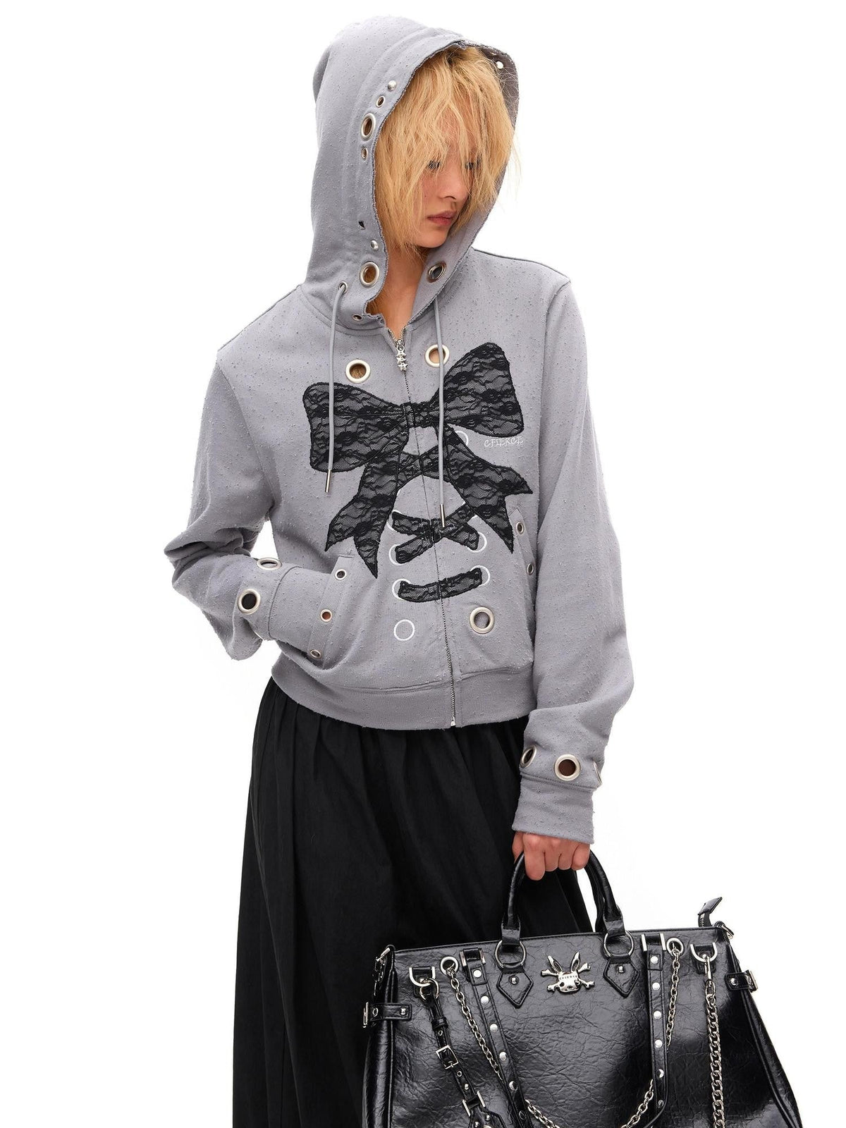 Cropped Lace Bow Stud Distressed Women'S 100 Percent Cotton Hoodies