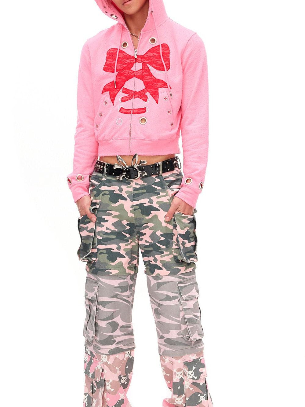 Cropped Lace Bow Stud Distressed Women'S 100 Percent Cotton Hoodies