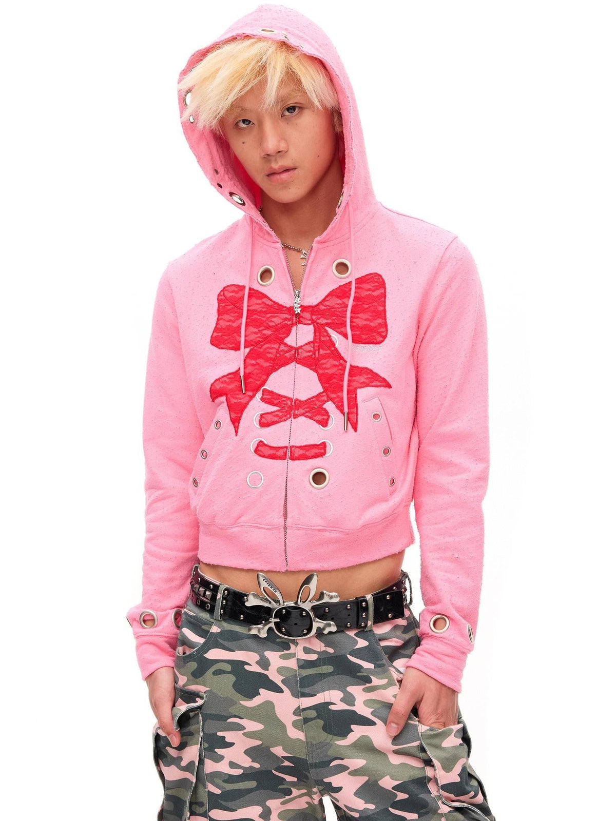 Cropped Lace Bow Stud Distressed Women'S 100 Percent Cotton Hoodies