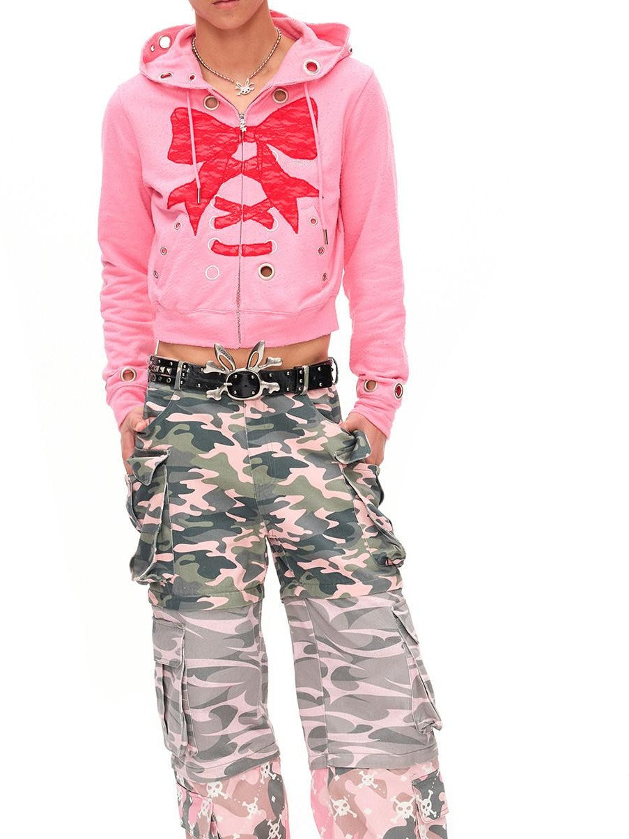 Cropped Lace Bow Stud Distressed Women'S 100 Percent Cotton Hoodies
