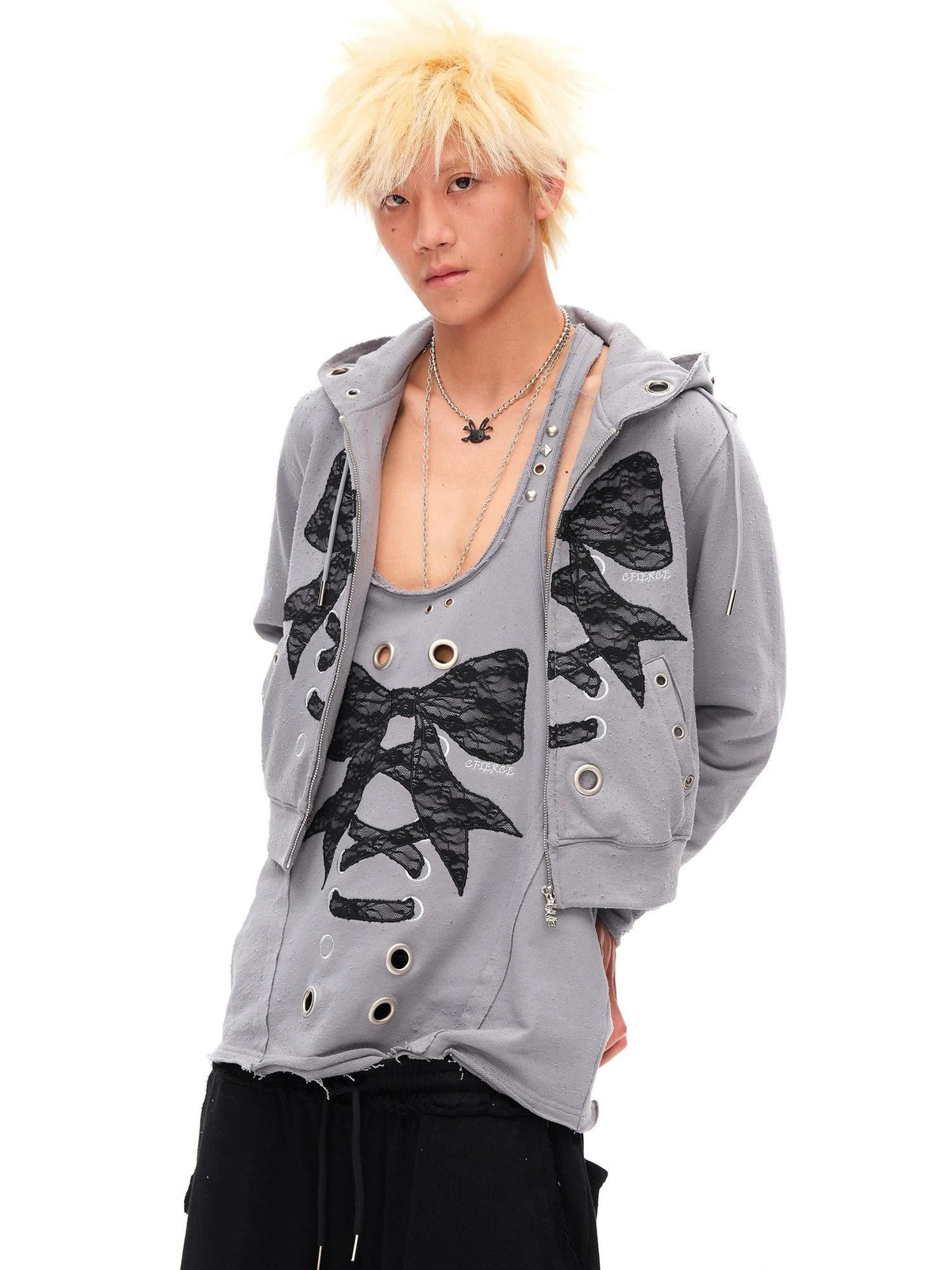 Cropped Lace Bow Stud Distressed Women'S 100 Percent Cotton Hoodies