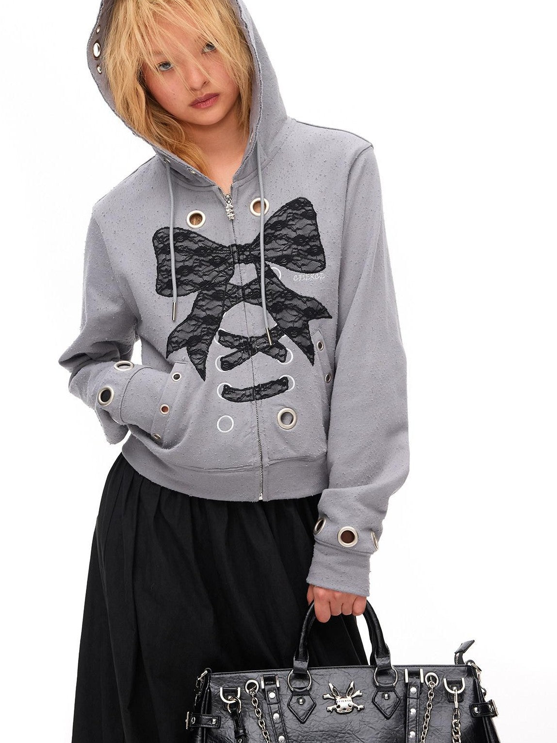 Cropped Lace Bow Stud Distressed Women'S 100 Percent Cotton Hoodies