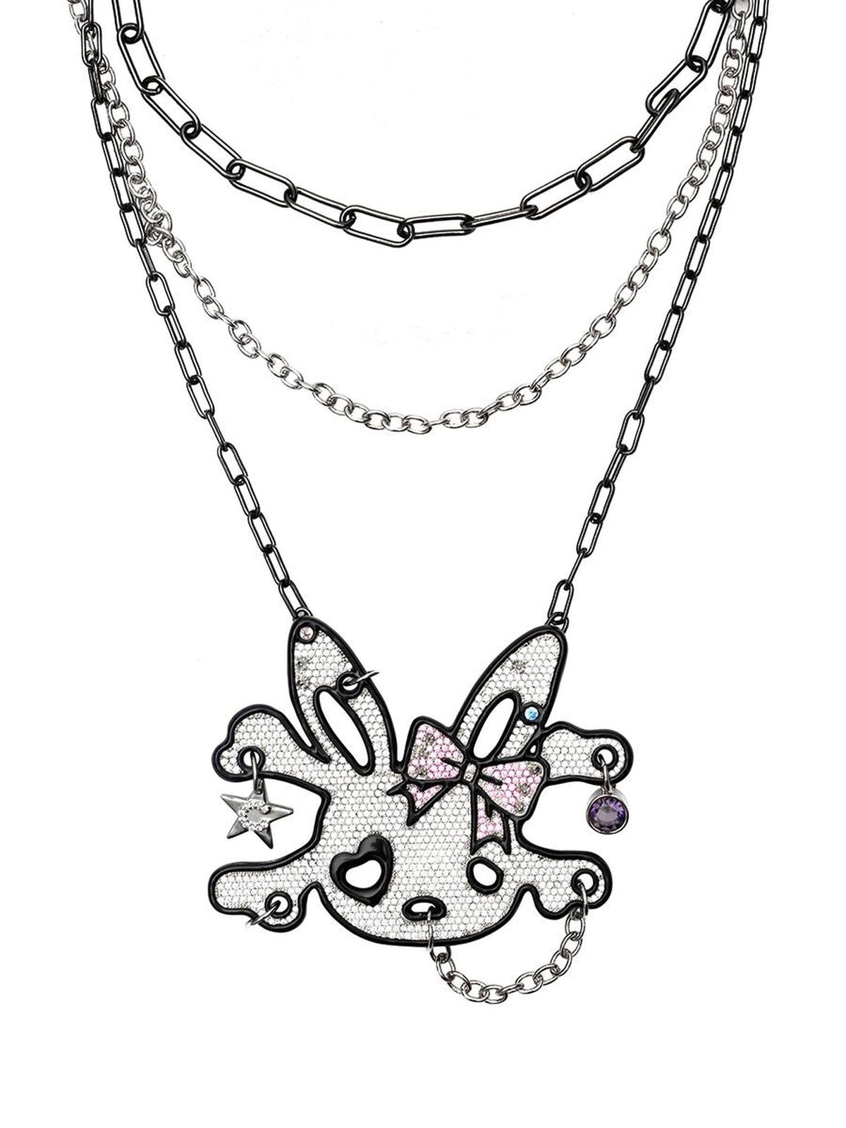 Crystal Bow Bunny Skull Necklace