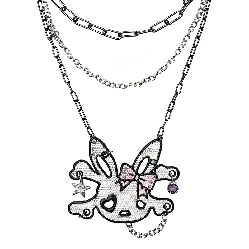 Crystal Bow Bunny Skull Necklace