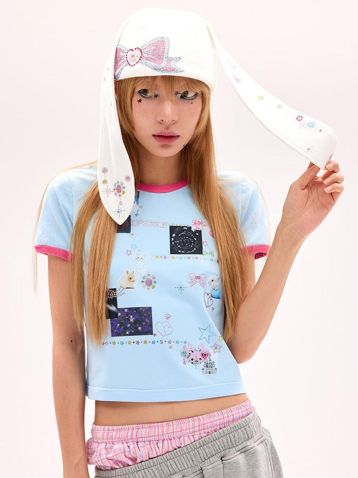 Crystal Studded Rabbit Ear Knit Cap