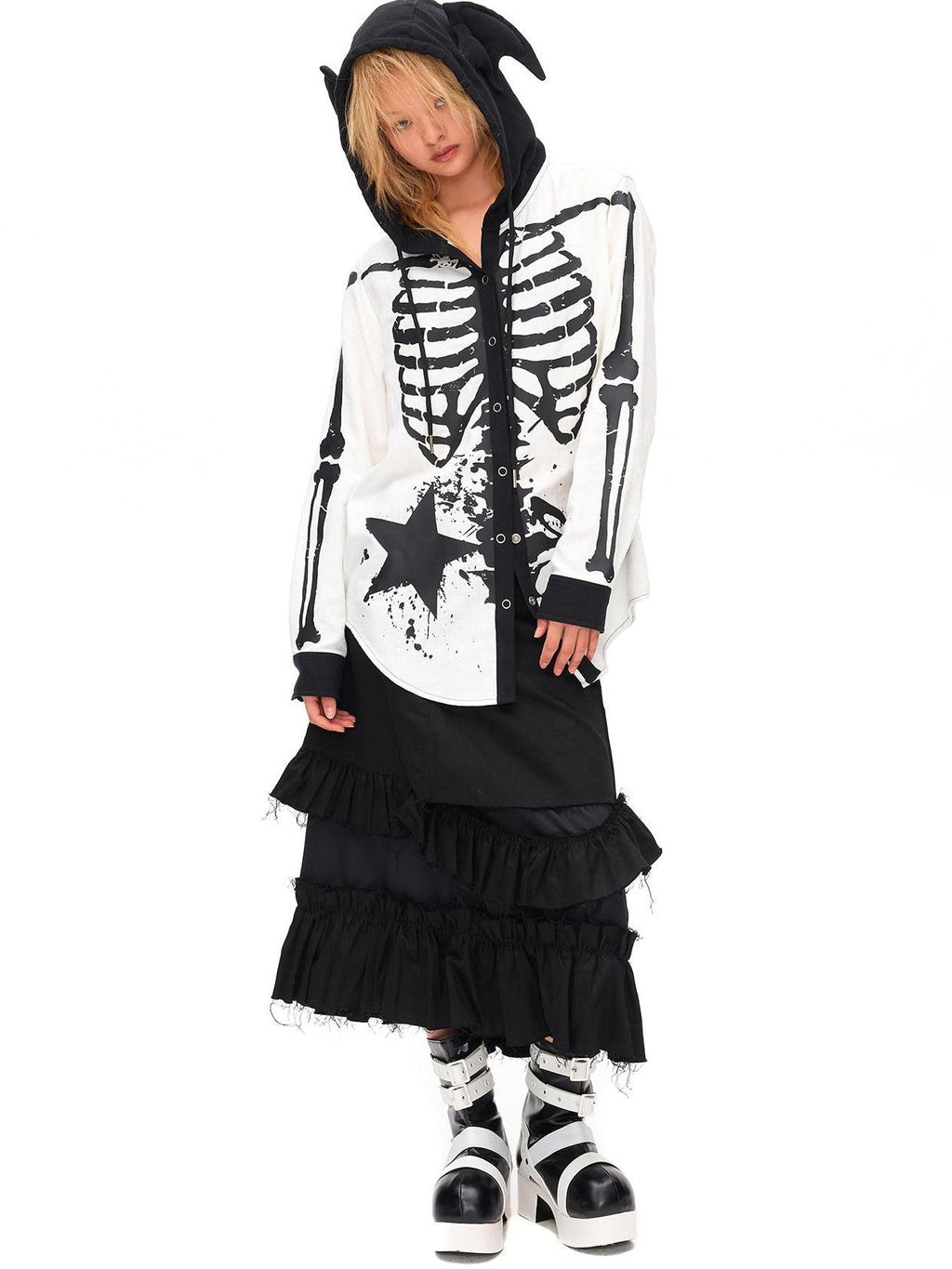 Demon Skull Print Hooded Dark Gothic Women'S Cotton Overshirts