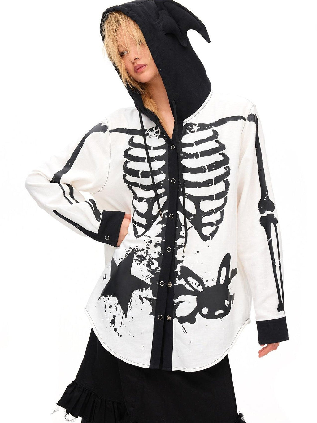 Demon Skull Print Hooded Dark Gothic Women'S Cotton Overshirts