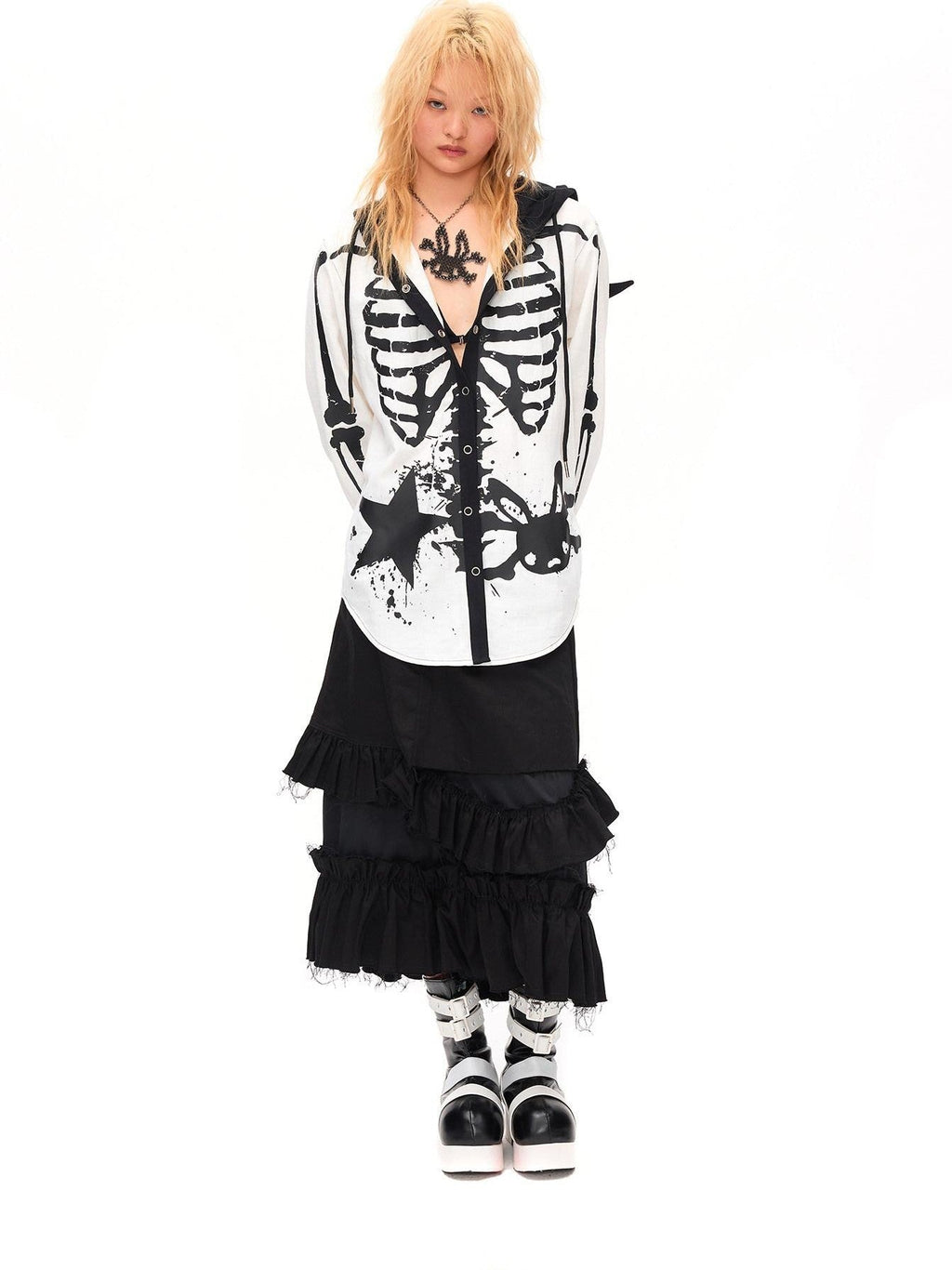 Demon Skull Print Hooded Dark Gothic Women'S Cotton Overshirts