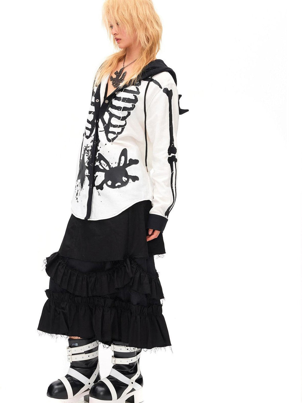 Demon Skull Print Hooded Dark Gothic Women'S Cotton Overshirts