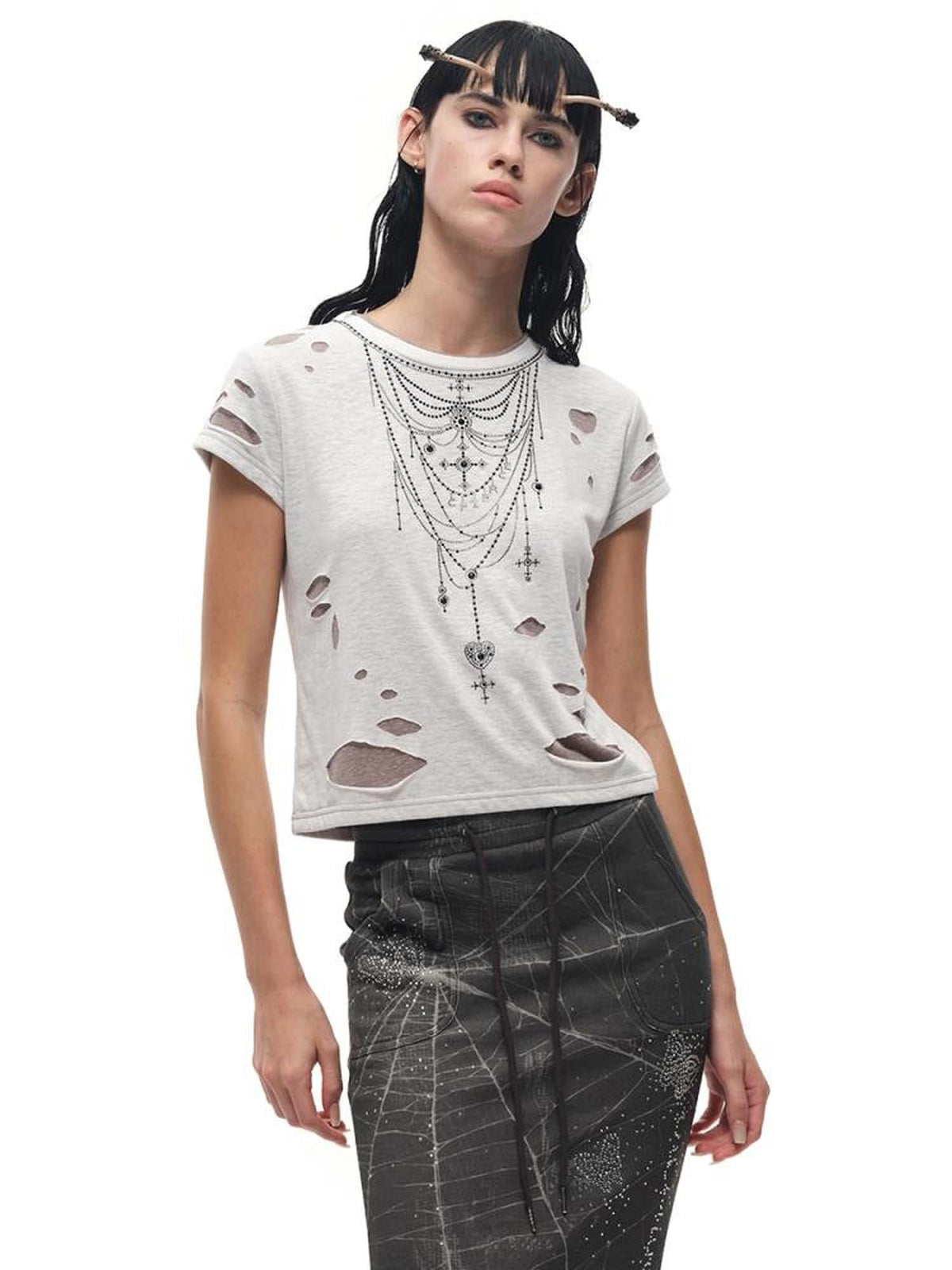 Fierce Rhinestone Neckline Distressed Tee