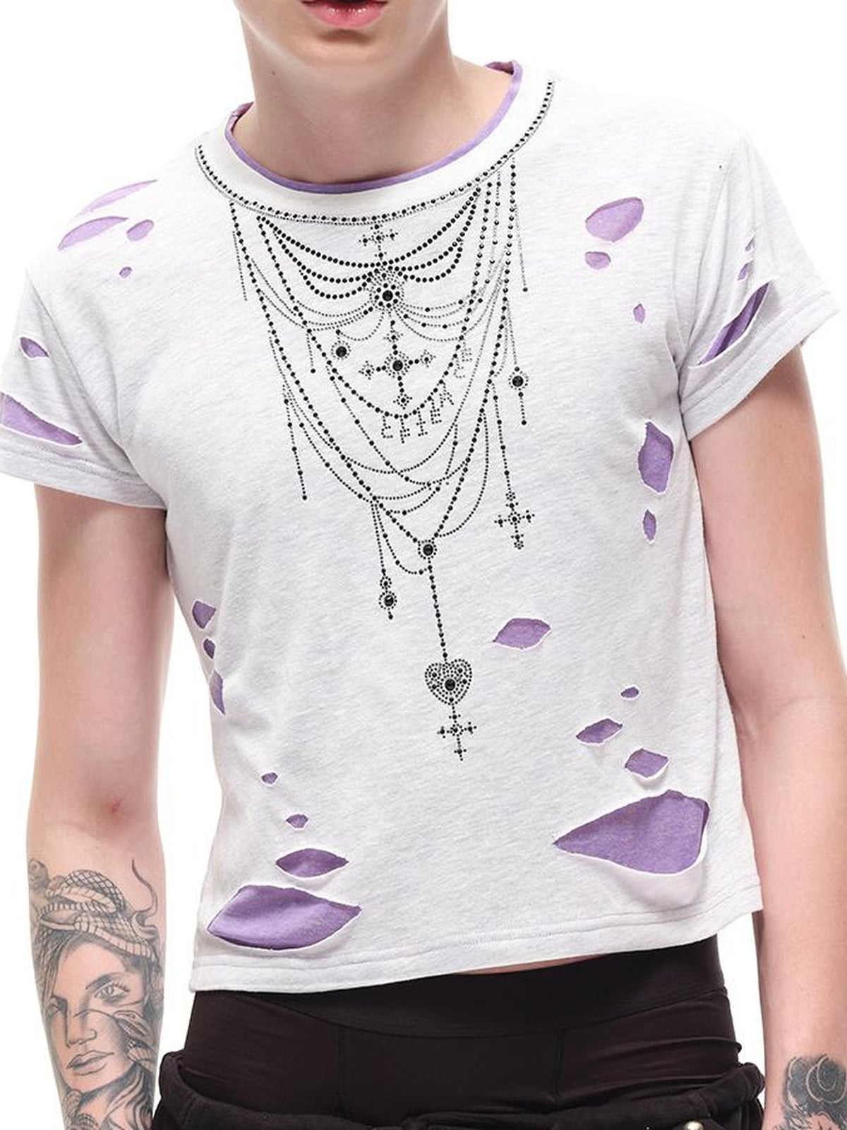 Fierce Rhinestone Neckline Distressed Tee