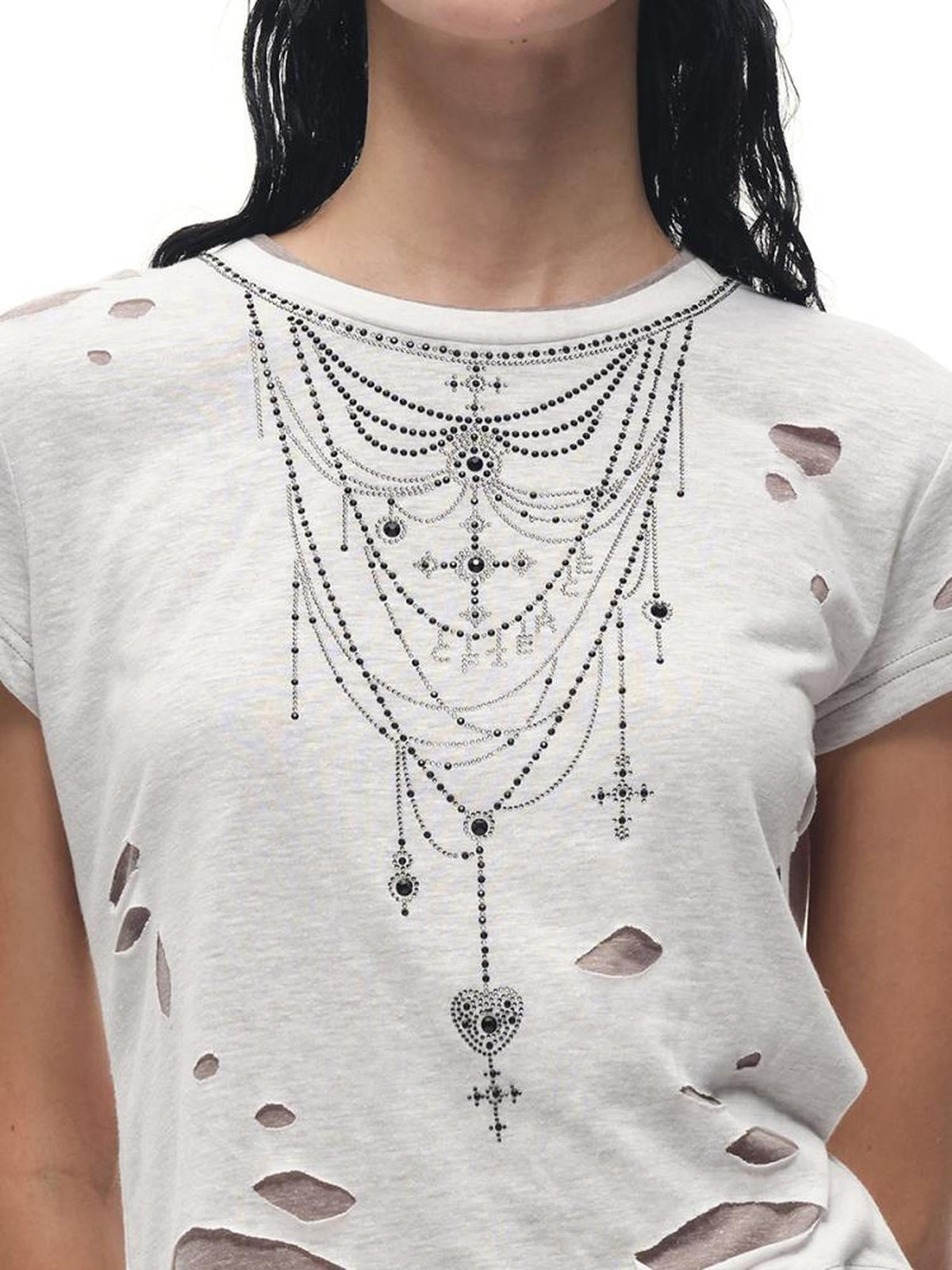 Fierce Rhinestone Neckline Distressed Tee