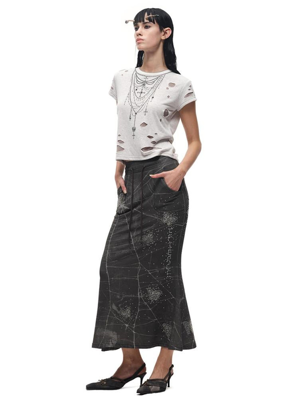 Fierce Rhinestone Neckline Distressed Tee
