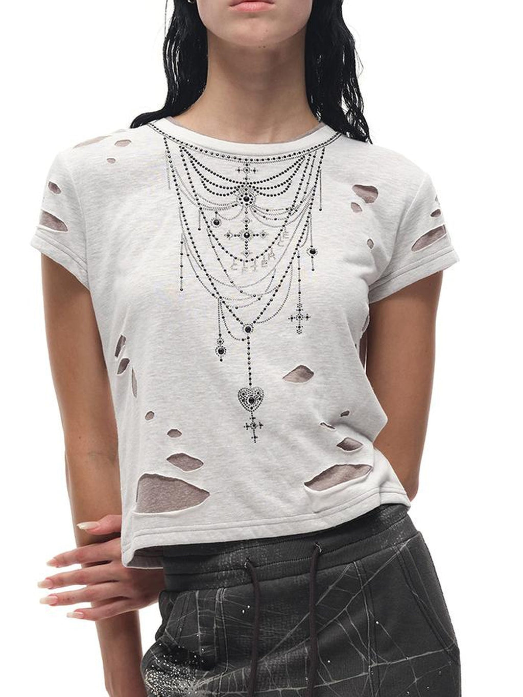 Fierce Rhinestone Neckline Distressed Tee