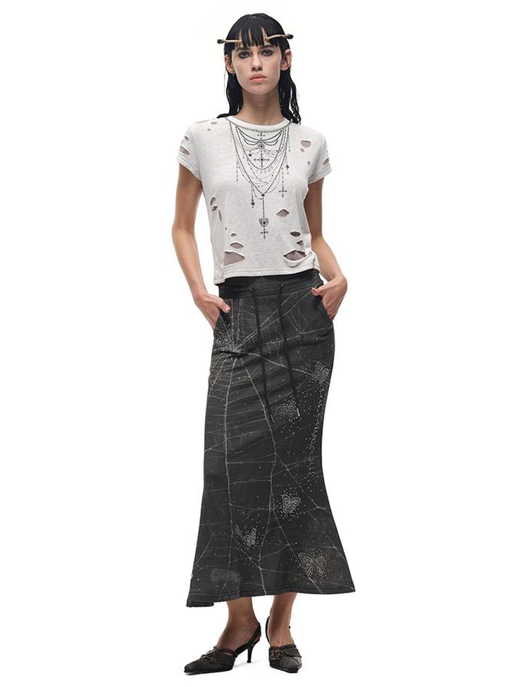 Fierce Rhinestone Neckline Distressed Tee