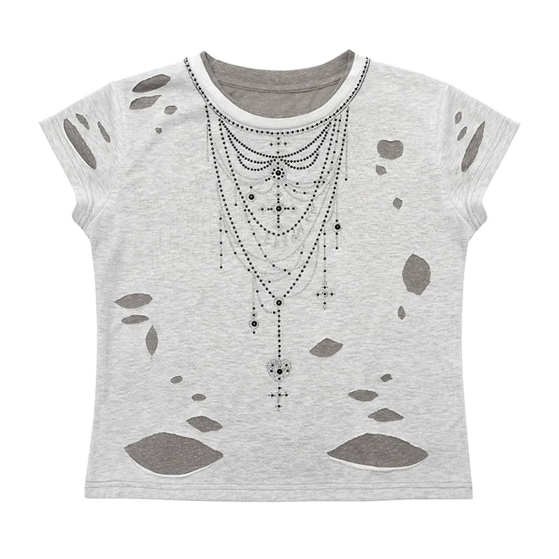 Fierce Rhinestone Neckline Distressed Tee