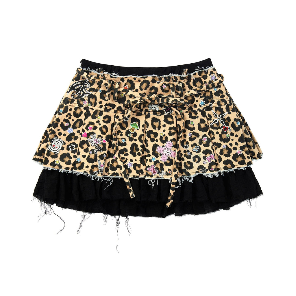 Leopard Sticker Print Distressed Faux Two Piece Women's Cotton Pleated Skirts