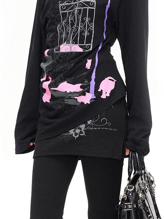 Midnight Cat One Shoulder Women'S Cotton Blend Long Sleeve T-Shirts