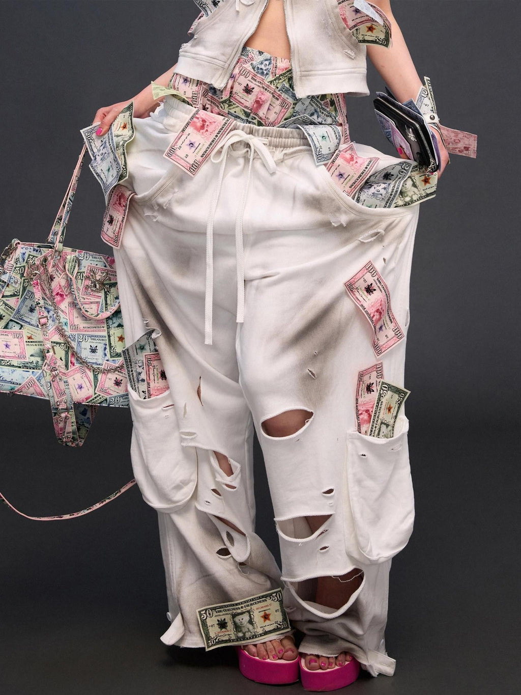 Money Print Distressed Asymmetrical Women's High Waist Cotton Sweatpants