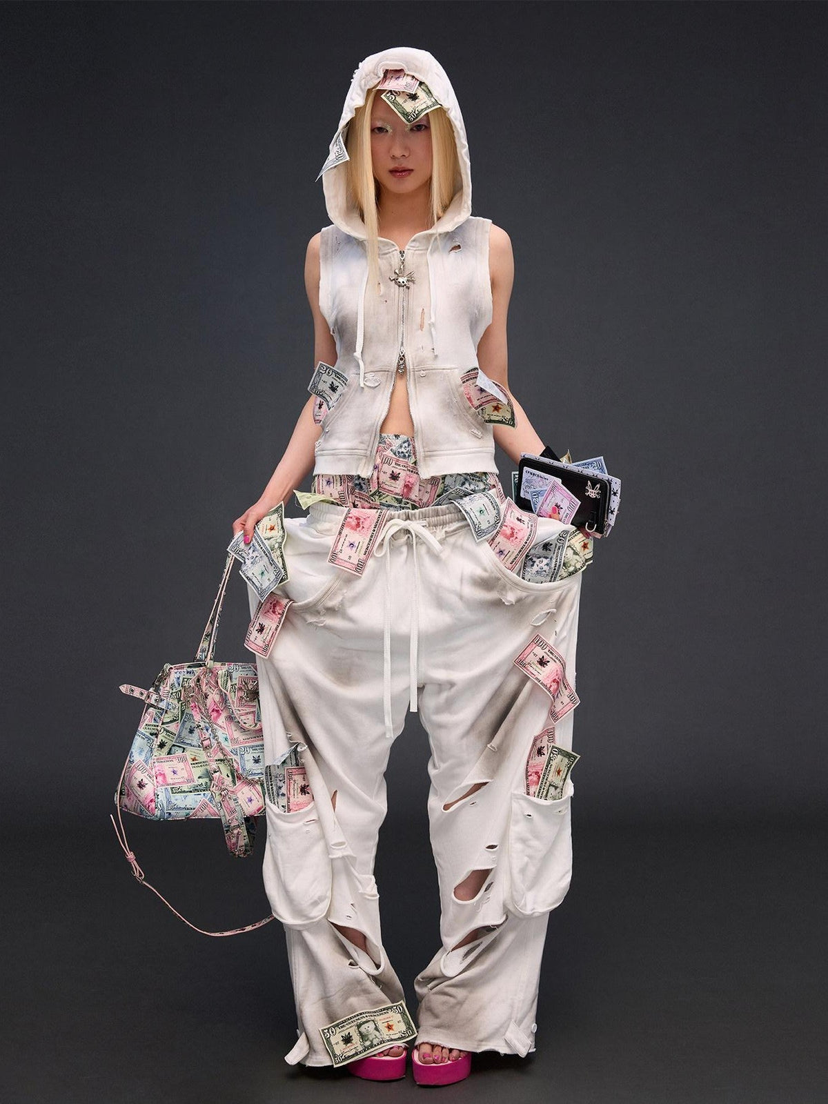 Money Print Distressed Asymmetrical Women's High Waist Cotton Sweatpants