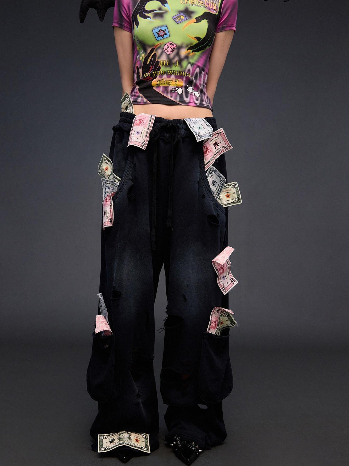 Money Print Distressed Asymmetrical Women's High Waist Cotton Sweatpants