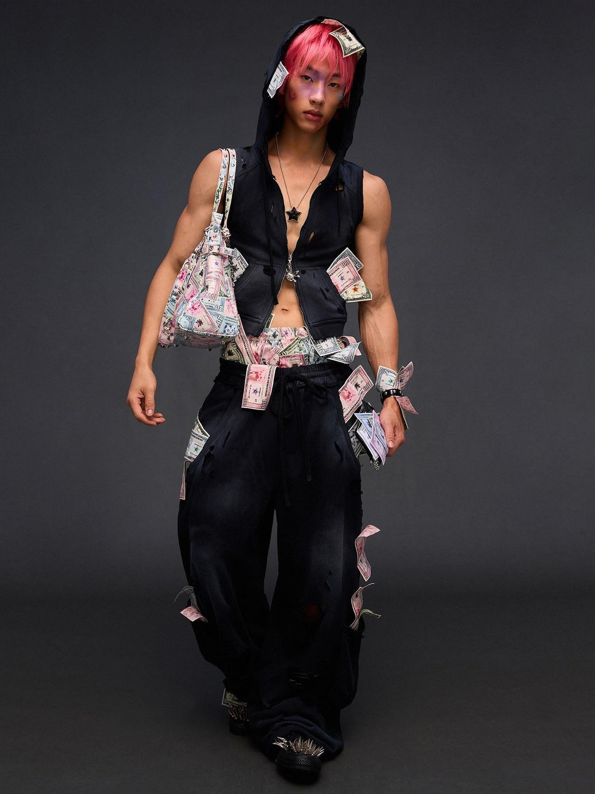 Money Print Distressed Asymmetrical Women's High Waist Cotton Sweatpants