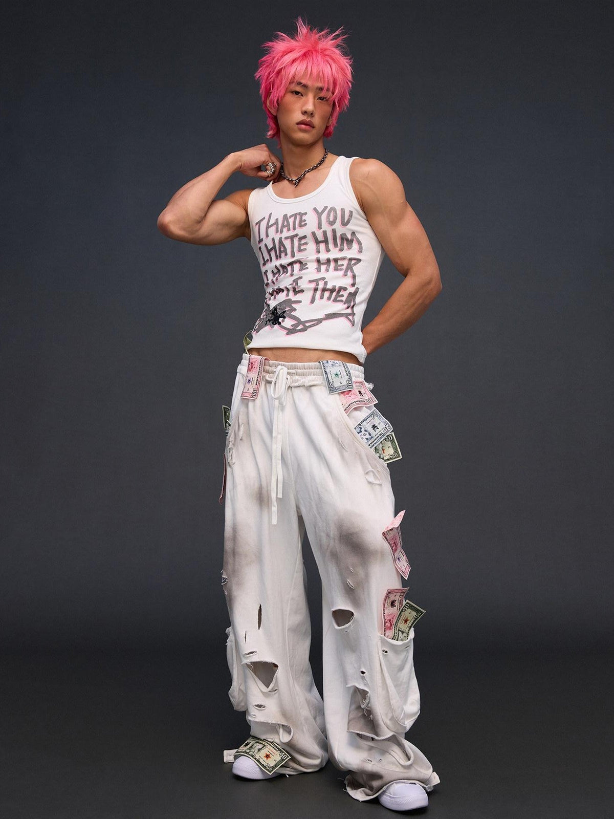 Money Print Distressed Asymmetrical Women's High Waist Cotton Sweatpants