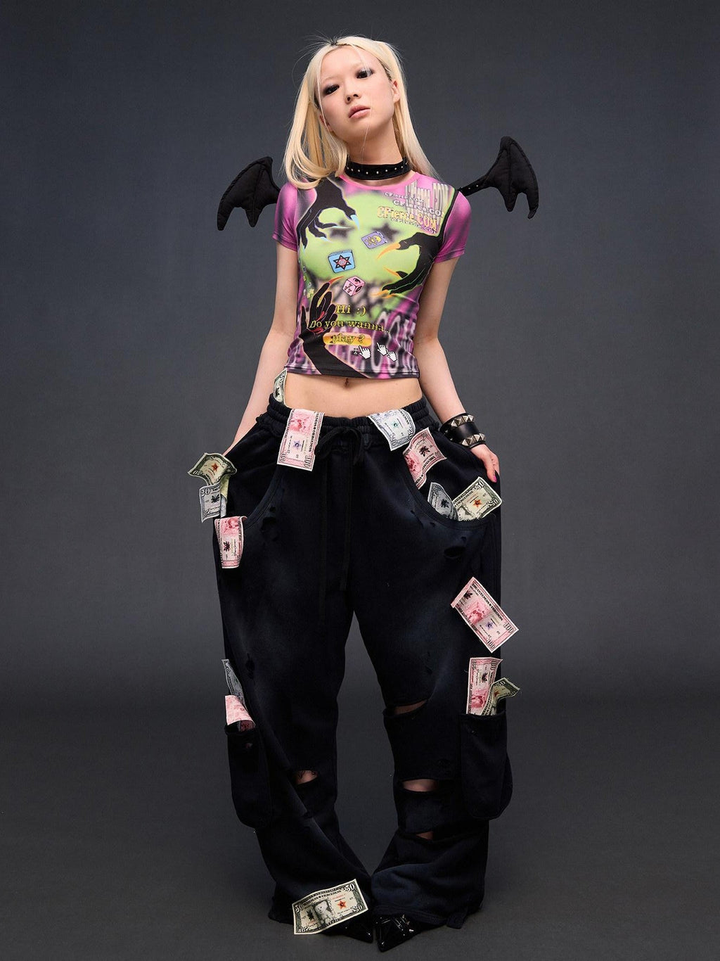 Money Print Distressed Asymmetrical Women's High Waist Cotton Sweatpants