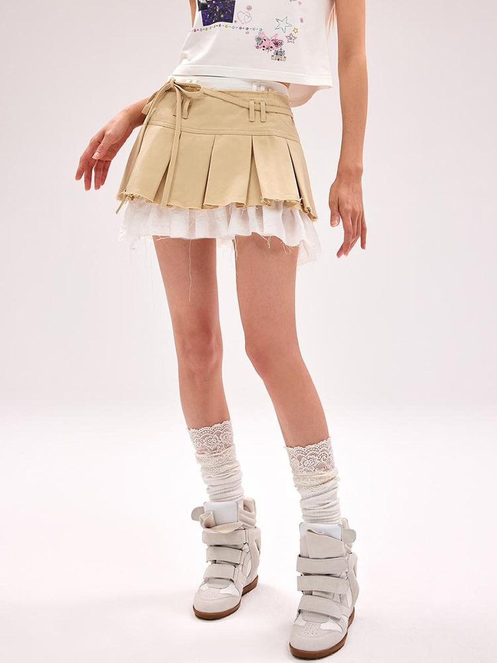 Pleated Raw Hem Skirt