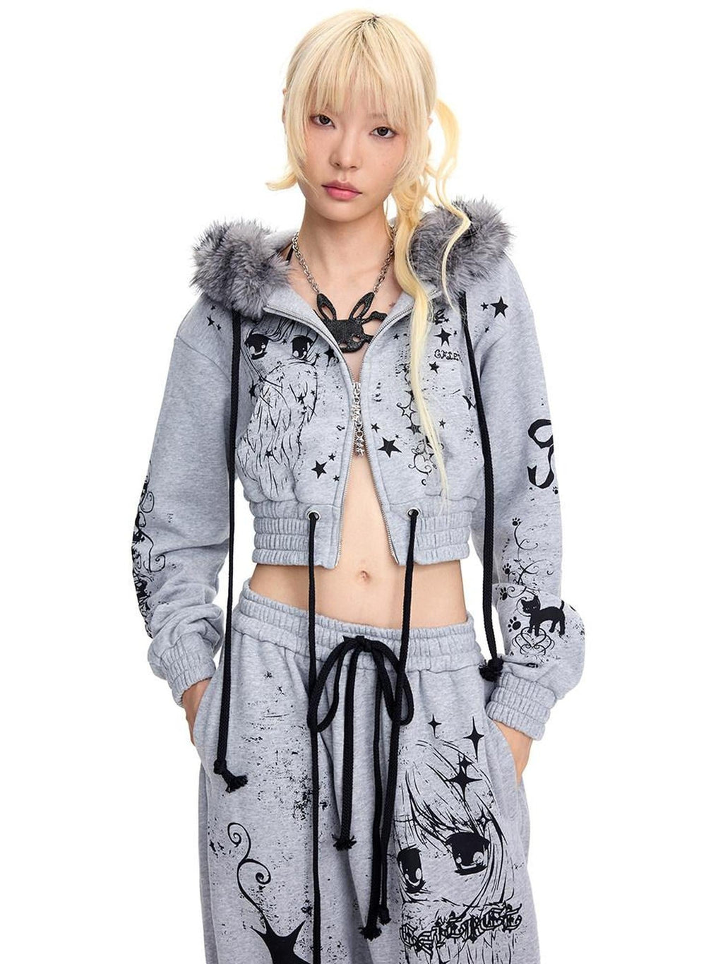 Pure Cotton Slim Fit Cropped Zip Hooded Streetwear Cartoon Grey Hoodies